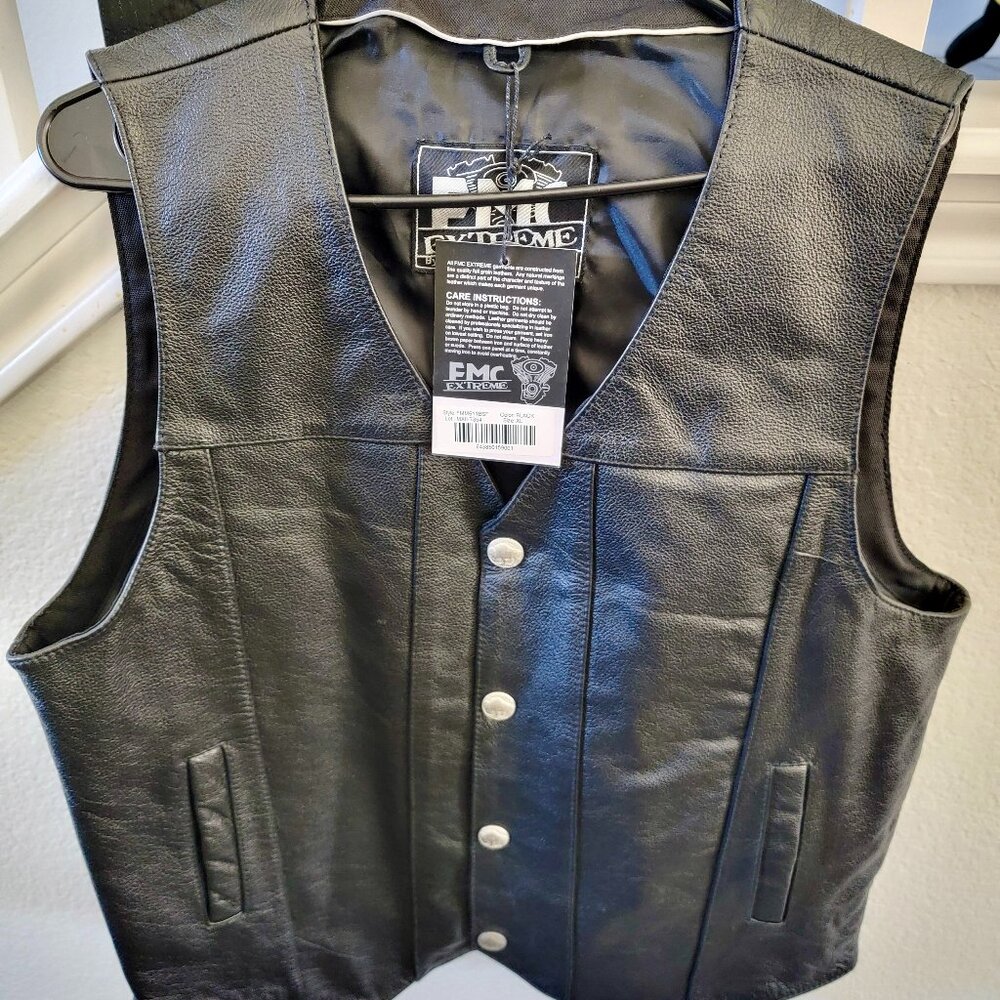 FMC Extreme black leather motorcycle vest. NEW with tags.